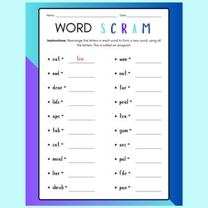 Può includere: Un foglio di lavoro stampabile con il titolo "Word Scram" e istruzioni per riorganizzare le lettere di ogni parola per formare una nuova parola. Il foglio di lavoro ha due colonne di parole, la prima colonna inizia con "eat" e la seconda colonna inizia con "won".