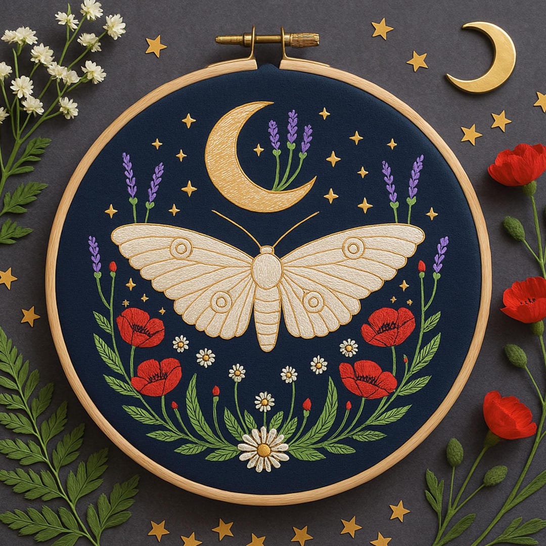 Celestial Moon Moth Hand Embroidery Pattern, Boho Moth Hand Stitching ...