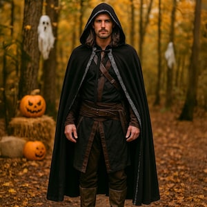 Gothic Medieval Hooded Cloak with Ribbon Trim Hooded Cape Adult Cloak Renaissance Fair Witch Wizard Vampire Cape Festival Costume Halloween
