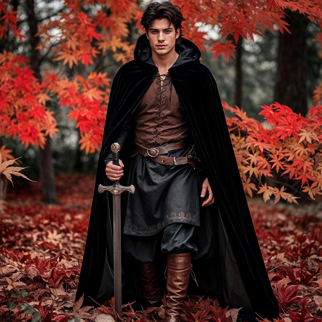 TAGVO Renaissance Costume Women Men, Halloween Cool Wizard Robe Vampire Gown Costume Hooded Cloak - 150CM Lenth Cape With Cuff, Halloween Witch Accessories Dress Up For Masquerade Cosplay Party