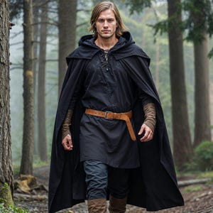 Gothic Black Hooded Cloak Floor Length Cape for Medieval Cloak Renaissance Witch Wizard Sorcerer Vampire Costume Festival Halloween Adult