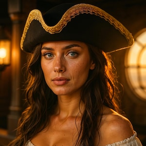 Classic Tricorn Pirate Hat with Gold Trim Authentic 18th Century Colonial Hat Pirate Costume Accessory for Halloween Cosplay for Men Women