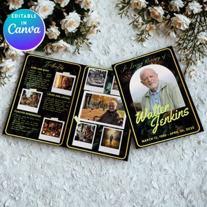 Plantilla editable de programa funerario para hombre. Folleto de obituario imprimible. Tamaños A4 y carta (EE. UU.). Plantilla de Canva para programa de servicio conmemorativo.