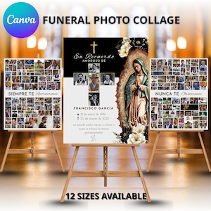 May include: Funeral photo collage with the text "Funeral Photo Collage" and "12 Sizes Available". The central display features a portrait of the Virgin Mary and a memorial for Francisco Garcia. Two additional displays feature collages of photos.