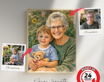 Pintura de acuarela personalizada, retrato personalizado a partir de una foto añadiendo un ser querido a la foto, regalo para la abuela