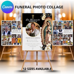 May include: Funeral photo collage with the text "Canva FUNERAL PHOTO COLLAGE". The central display features a portrait and text in Spanish. Two additional displays show multiple photos and text in Spanish. The text "12 SIZES AVAILABLE" is at the bottom.