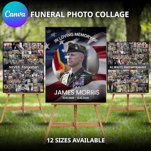 May include: Funeral photo collage with the text "IN LOVING MEMORY OF JAMES MORRIS". The collage includes a portrait and a collection of photos. The text "NEVER Forgotten" and "ALWAYS Remembered" are also displayed. The text "12 SIZES AVAILABLE" is at the bottom.