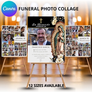 May include: Funeral photo collage with the text "Funeral Photo Collage" and "12 Sizes Available". The central panel features a portrait and memorial details. Two side panels display photo collages. The text includes "En Recuerdo Amoroso De", "Siempre Te Recordaremos", and "Nunca Te Olvidaremos".