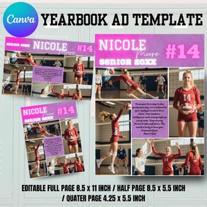 Op de afbeelding: Een sjabloon voor een jaarboekadvertentie met een volleybalthema. Het ontwerp bevat een collage van foto's van een volleybalspeler in een rood uniform, met de naam "Nicole Moore" en het nummer "14". De tekst "Senior 20XX" is ook opgenomen.