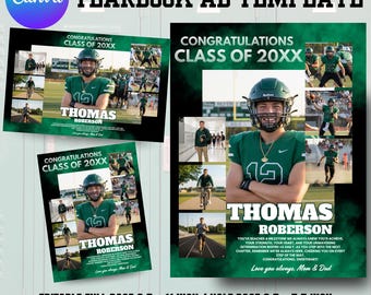 May include: Yearbook ad template with a green and black design. The template features a football player with the text "Congratulations Class of 20XX" and "Thomas Roberson". Includes editable full, half, and quarter page sizes.