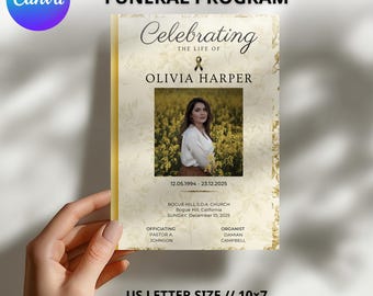 White Gold Funeral Program Template: 4 Page Memorial (Canva Template)