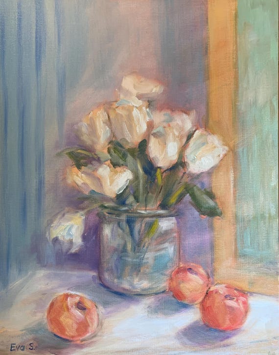 Tulips, oil on canvas board.