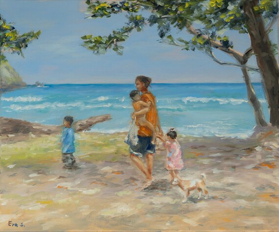 Impressionist landscape, original oil on canvas painting, figurine