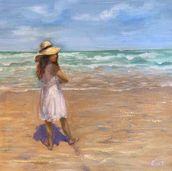 Original - Woman on the beach- Oil on stretched canvas 40 x 40 cm