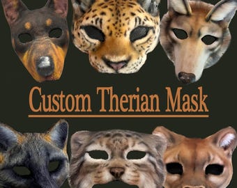 May include: A collection of custom therian masks, including a dog, leopard, coyote, fox, bobcat, and cougar. Each mask is intricately designed with realistic fur and facial features. The text "Custom Therian Mask" is displayed in a brown font.