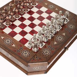 Handmade Octagonal Wooden Chess Set: Rosewood, Maple & Walnut Board with Storage