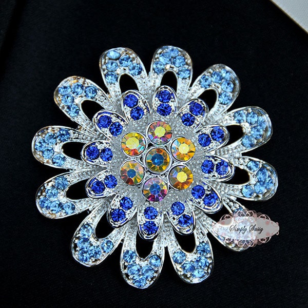 RD253 Beautiful BLUE Large Flower Rhinestone Flatback Crystal Metal Embellishment Broach DIY Wedding Bridal Brooch Bouquet  hair