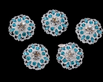 5 Teal Rhinestone Flat Back Buttons - Flatback Buttons - Rhinestone Embellishment Button - Brooch Bouquet Wedding Jewelry Hair bows Cakes