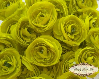 2 pcs Lime Green Silky Soft Ranunculus Artificial Flower Heads Color 3.5in DIY Bouquets Arrangements Hair Clips Wedding