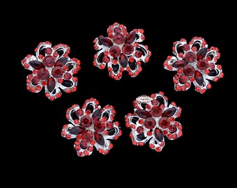5 Red Rhinestone Flower Embellishments: Flat Back Buttons (28mm)
