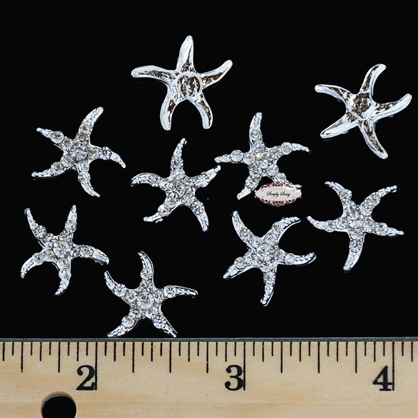 SALE 4 Rhinestone Starfish Silver Embellishments Flatback Buttons 18mm Dainty RD342