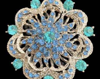 Large Blue Turquoise Rhinestone Brooch - Crystal Pin - Blue Pin-back Brooch - Brooch Bouquet - Broach - Blue Pin