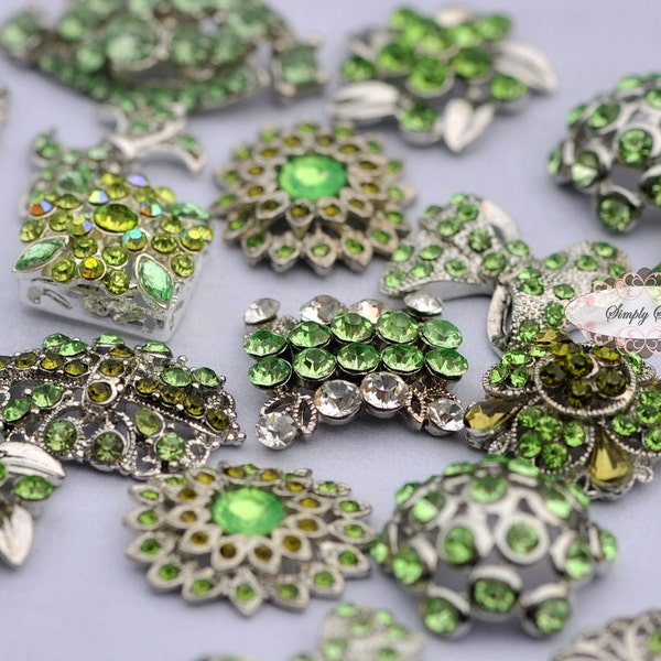 10pc Lime Green Assorted Rhinestone Flat back Embellishments DIY Brooches Crystal Buttons Wedding Bouquet Favors Invitations Bling