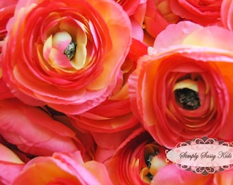 2 pcs Silky Soft Ranunculus Artificial Flower Heads Citrus Color 3.5in DIY Bouquets Arrangements Hair Clips Wedding