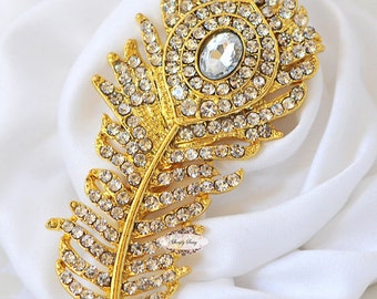 Rhinestone Brooch Embellishment - Flatback - Rhinestone Peacock Feather - Brooch Bouquet - Supply - Leaf - Broach - RD301