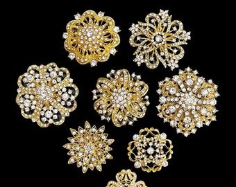 8 Gold Rhinestone Brooches - Rhinestone Pins - Large - Brooch Bouquet - Supplies - Brooch Crafts - Crystal Pins - Crystal Brooches