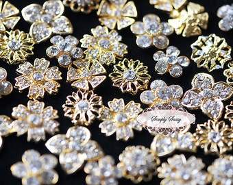 20pcs Assorted Dainty Rhinestone Crystal Metal Embellishment Buttons in GOLD Clear Flower Centers - Wedding Bridal Favors Invitations