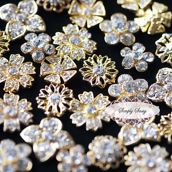 20pcs Assorted Dainty Rhinestone Crystal Metal Embellishment Buttons in GOLD Clear Flower Centers - Wedding Bridal Favors Invitations