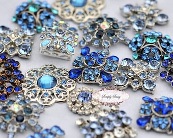 10pc Something Blue Assorted Rhinestone Flat back Embellishments DIY Brooches Crystal Buttons Wedding Bouquet Favors Invitations Bling