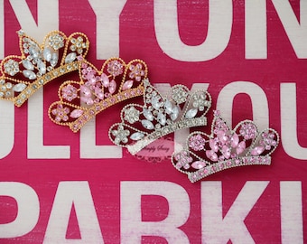 Rhinestone Tiara Crown Flatback Button Metal Brooch Pin Embellishment Princess Pageant Wedding Bouquet Gold Silver Pink Clear