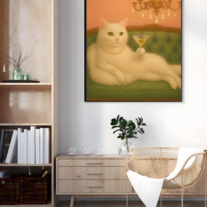 Elegante dipinto a mano di un gatto bianco con martini, stampa artistica da parete di lusso con animali - Decorazione per la casa glamour, regalo per gli amanti dei gatti, download digitale stampabile
