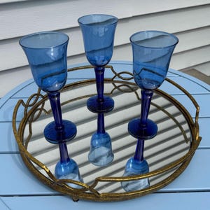 Set of 3 Vintage Cobalt Blue Wine Glasses | Elegant Stemware | Retro Barware or Table Décor