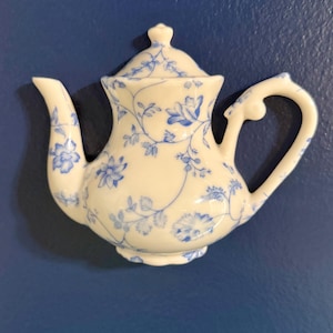 Vintage Blue Floral Ceramic Teapot Wall Hanging | Decorative Wall Plaque | Shabby Cottage Kitchen Decor | Collectible Ceramic Teapot Art