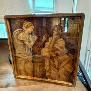 Vintage Renaissance-Style Framed Art | Religious Wooden Shadow Box | Aged Patina Religious Print | Wall Decor or Shelf Display