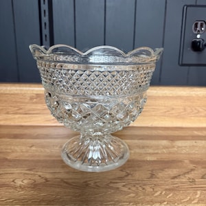 Vintage Diamond Pattern Pressed Glass Compote Bowl: Scalloped Edge Candy Dish