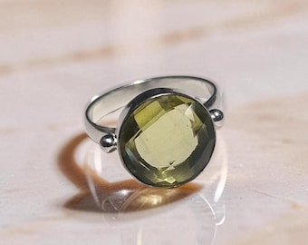 Natural Green Prasiolite Solitaire Ring, Round Faceted Gemstone, Rhodium Plated Base Metal