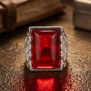 Può includere: Un anello d'argento con una grande gemma rettangolare rosso scuro. La fascia dell'anello presenta un design traforato ornato sui lati. La gemma è il punto focale, che riflette la luce e il colore. L'anello è posto su una superficie strutturata marrone dorato.