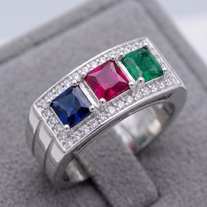 Sterling Silver Multi Gemstone Ring, Emerald Cut Ruby Sapphire Emerald, Three Stone Statement Band