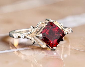 Natural Red Garnet Ring, Sterling Silver Filigree Branch, Princess Cut Engagement Ring