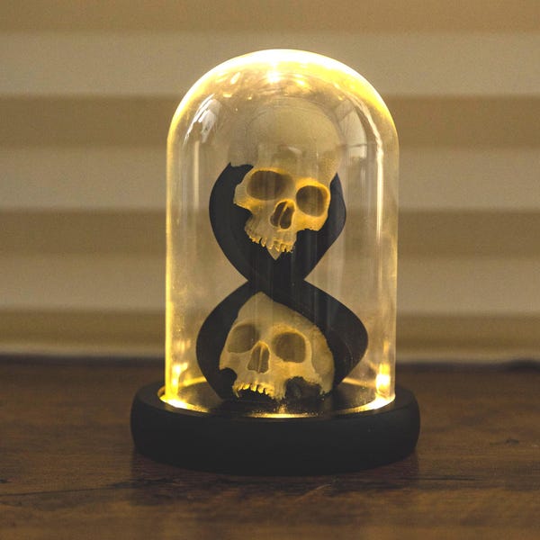 Gothic Skull Spiral LED Light 3D Printed Skeleton Lamp Glass Dome Horror Halloween Decor Creepy Table Night Light Dark Aesthetic Spooky Room