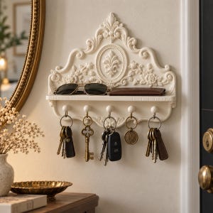 May include: A cream-colored wall-mounted shelf featuring ornate floral and scrollwork carvings. The shelf includes five rounded hooks, each holding a set of metal keys. Sunglasses and a slim brown wallet rest on the flat top surface of the unit.