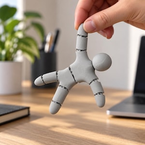 May include: A light gray articulated figure with a smooth, rounded head and segmented limbs connected by flexible joints. The surface of the figure displays a subtle, layered texture consistent with 3D printing, featuring a central torso piece.