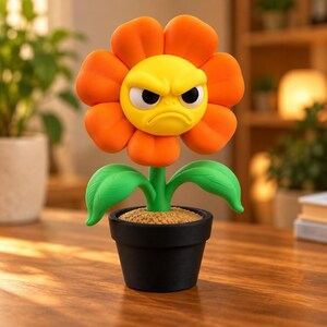 May include: A decorative figurine of a stylized flower with bright orange petals and a yellow center featuring an angry facial expression. The flower has two green leaves on a stem and is planted in a small, matte black circular pot.