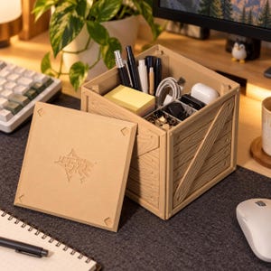 Könnte beinhalten: Ein hellbrauner, quadratischer Schreibtisch-Organizer in Form einer Holzkiste mit abnehmbarem Deckel und eingeprägtem Logo. Das Innere ist in Fächer unterteilt, die Stifte, Haftnotizen, ein Ladekabel und kleine Büroartikel enthalten.