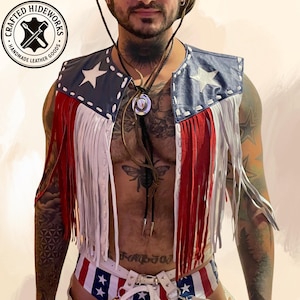 American Flag Leather Fringe Vest, Unisex Western Style, Cowboy Leather Vest, Fringe Leather Vest, Handmade Customized Vest, Gift For Him
