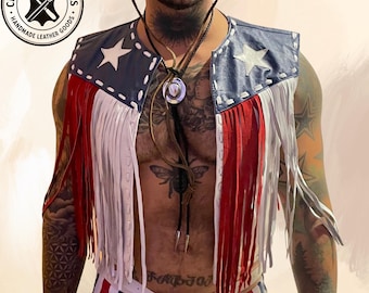 American Flag Leather Fringe Vest: Unisex Western Cowboy Style